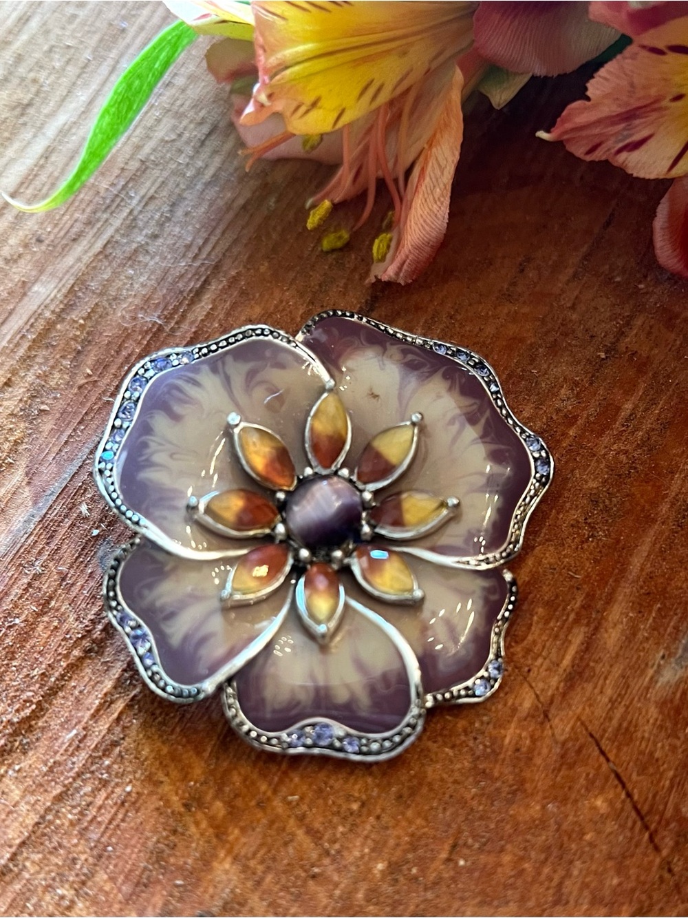 Vintage Signed LC Liz Claiborne Purple Enamel Flower Brooch Pin Rhinestone 2.25"